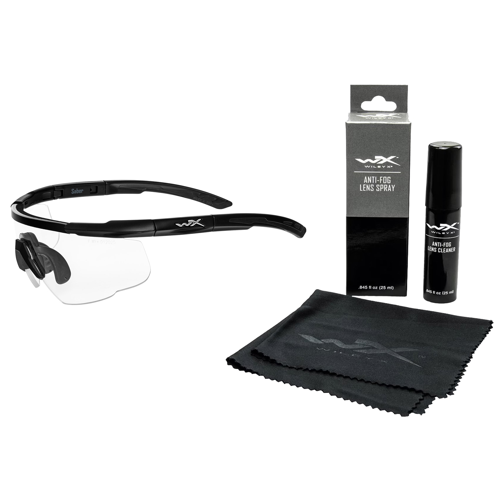 Okulary taktyczne Wiley X Saber Advanced - Clear Matte Black + Anti-Fog Cleaner Kit - zestaw