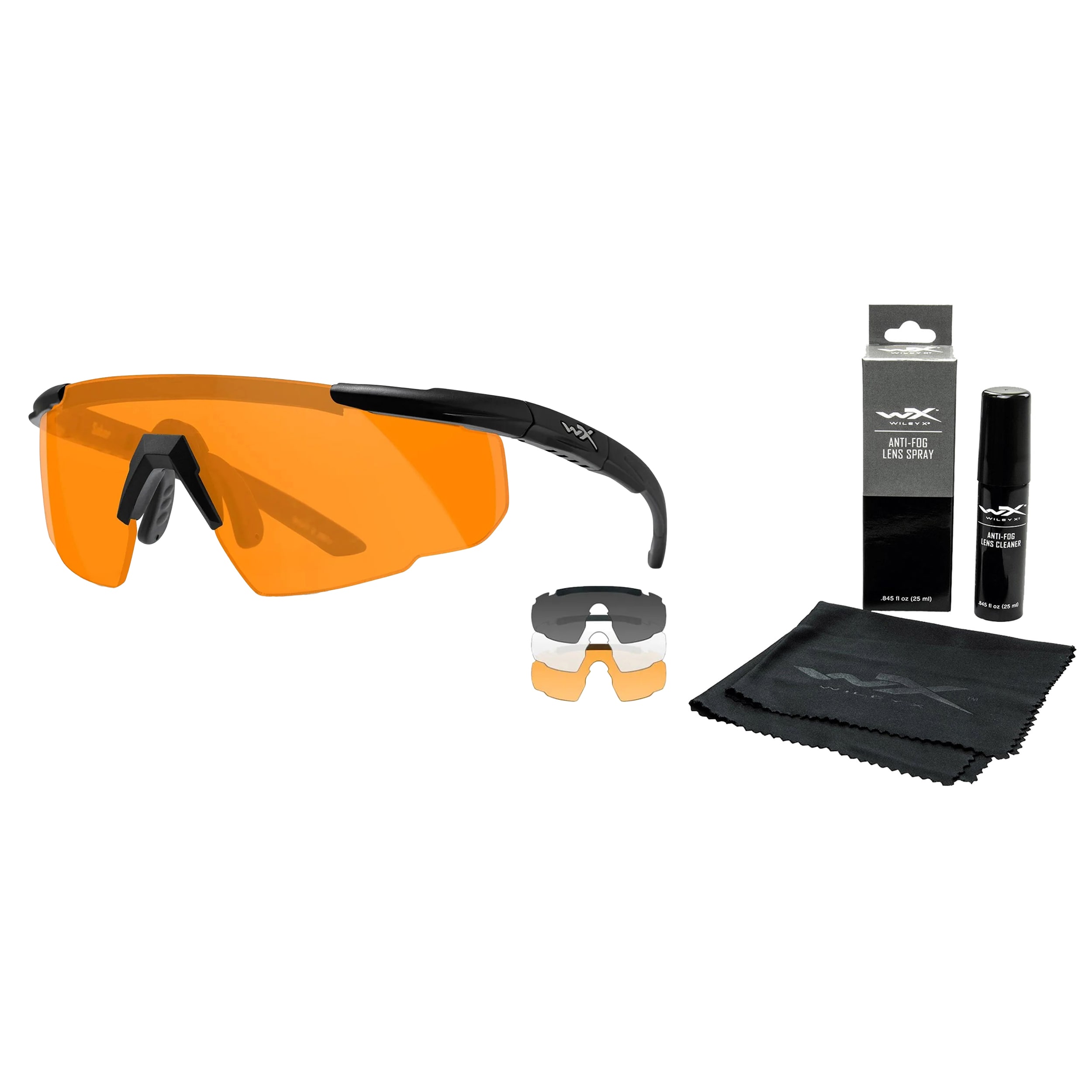 Okulary taktyczne Wiley X Saber Advanced Set 3in1 - Grey/Clear/Light Rust/Matte Black + Anti-Fog Cleaner Kit - zestaw