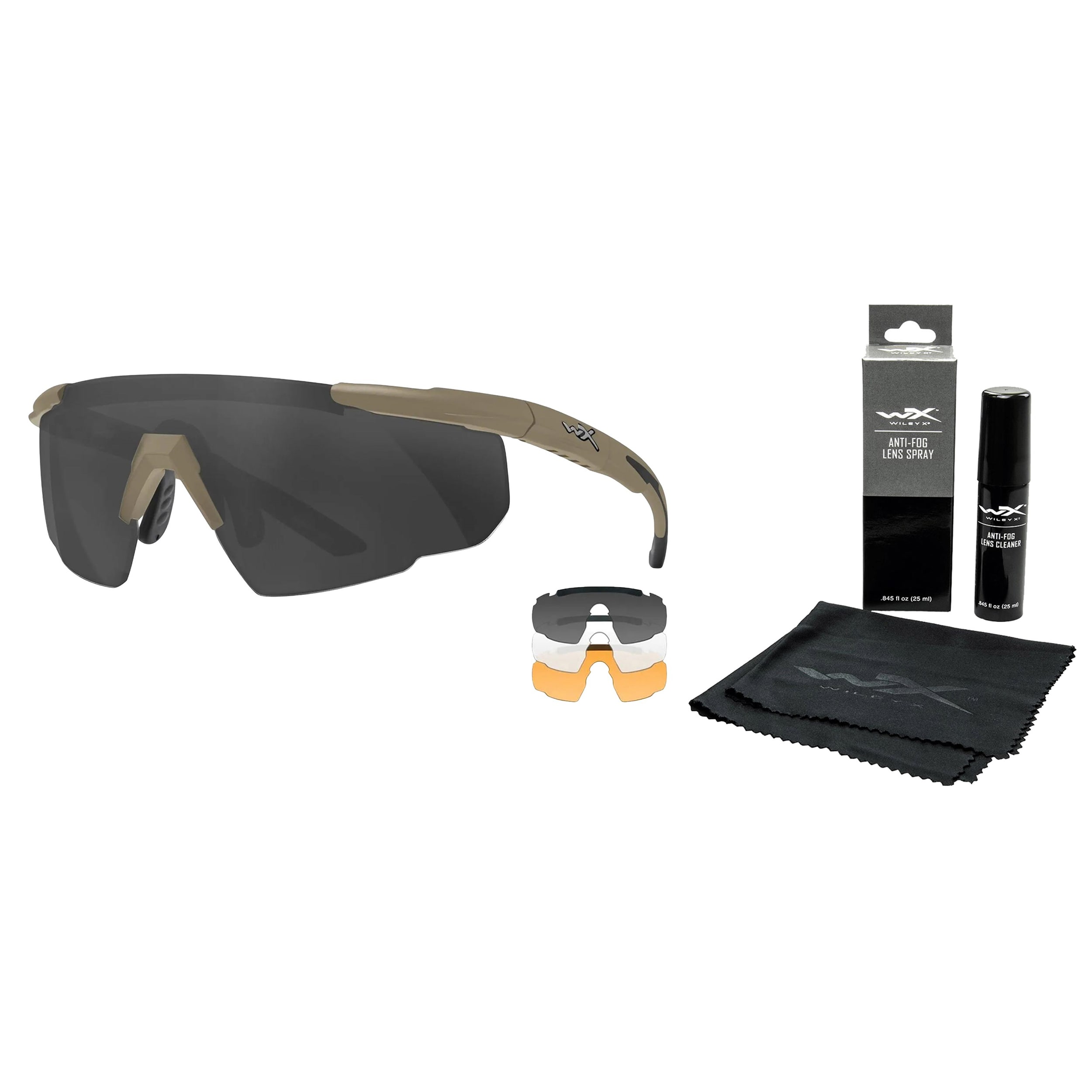 Okulary taktyczne Wiley X Saber Advanced Set 3in1 - Grey/Clear/Light Rust/Tan + Anti-Fog Cleaner Kit - zestaw