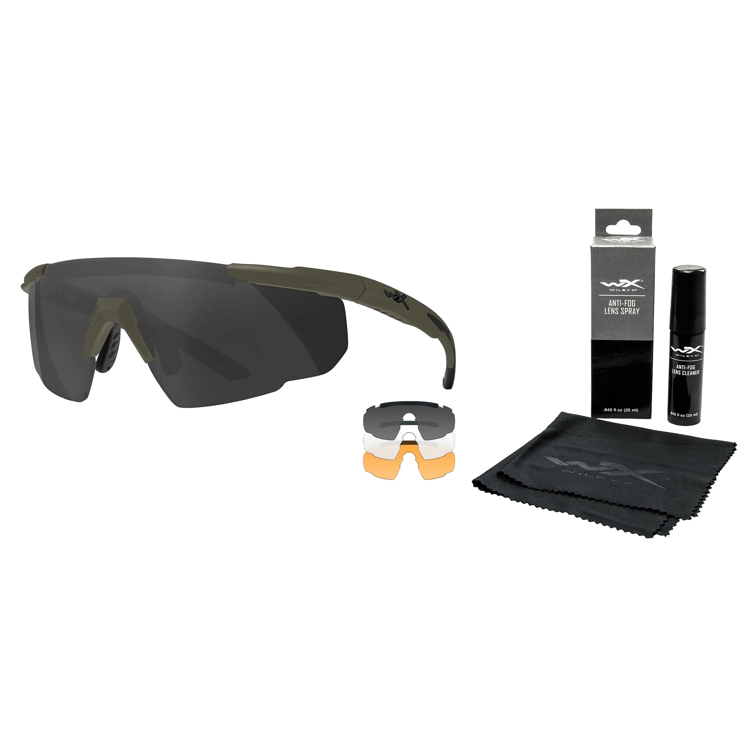 Okulary taktyczne Wiley X Saber Advanced Set 3in1 - Grey/Clear/Light Rust/OD Green + Anti-Fog Cleaner Kit - zestaw